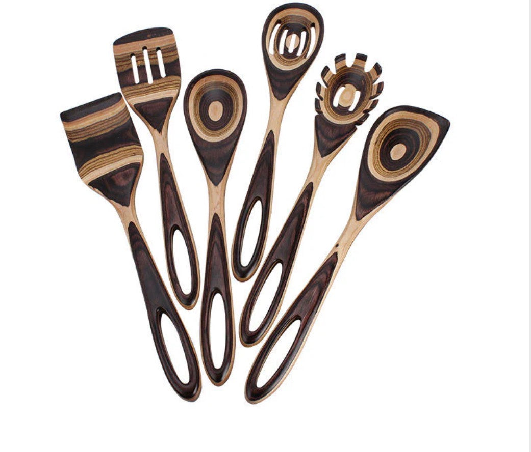 7Pcs Wooden Cooking Utensil Set – Handmade Pakkawood Spoons & Spatulas For Kitchen