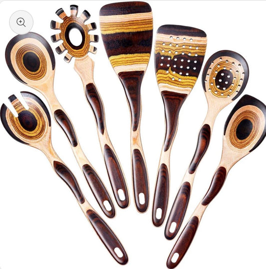 7Pcs Wooden Cooking Utensil Set – Handmade Pakkawood Spoons & Spatulas For Kitchen