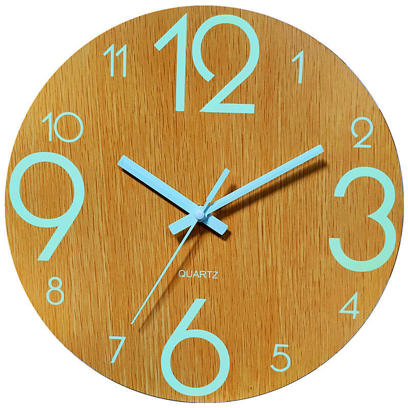 EMAF 12-inch Luminous Wooden Wall Clock: Silent Fluorescent Night Light Timepiece