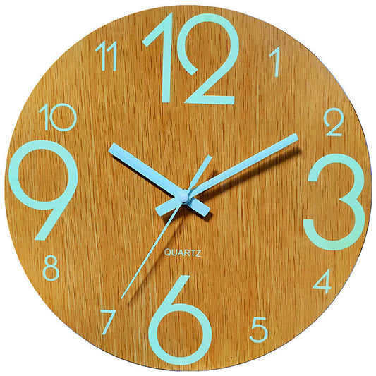 EMAF 12-inch Luminous Wooden Wall Clock: Silent Fluorescent Night Light Timepiece
