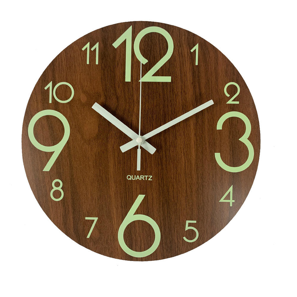 EMAF 12-inch Luminous Wooden Wall Clock: Silent Fluorescent Night Light Timepiece