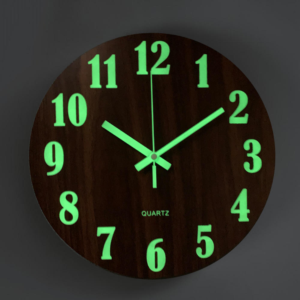EMAF 12-inch Luminous Wooden Wall Clock: Silent Fluorescent Night Light Timepiece